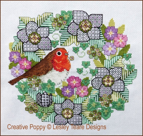 Blackwork Flowers With Robin - Click Image to Close